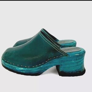 Vintage 90s London Underground Chunky Wood Platform Clog Mules TEAL‎ W 7 Y2K